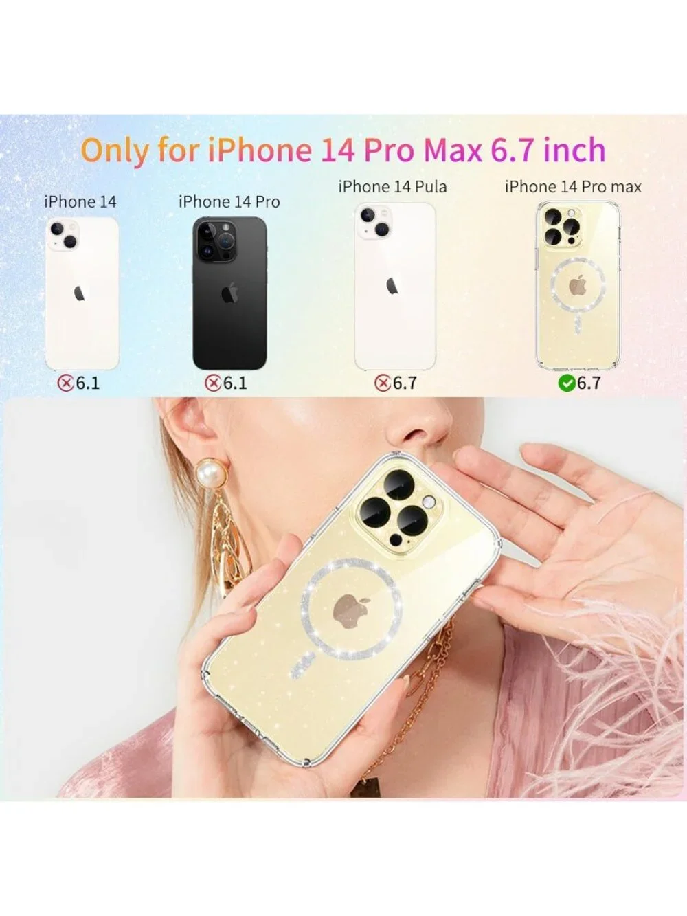Glitter Clear Case for iPhone 14 Pro Max w/ Bling Camera Lens Protector, Non‑Yel